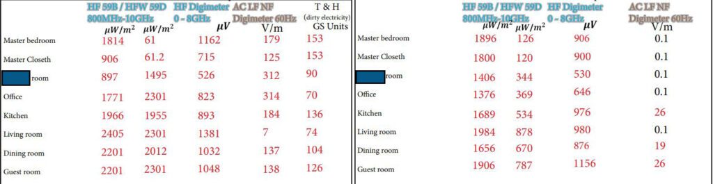 EMF Home Assessment readings by Dr. Loredo Ritter, showing number obtained by EMF meters and representing levels of EMF